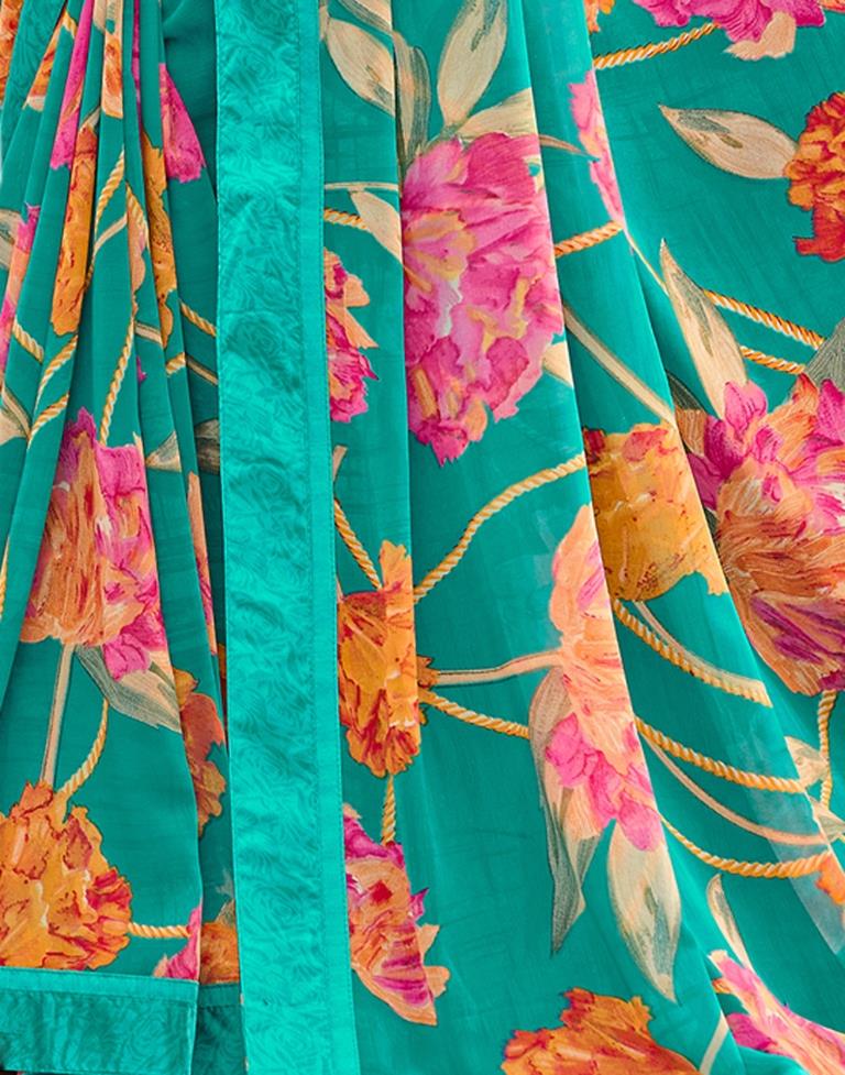 Turquoise Blue Floral Printed Saree | Sudathi