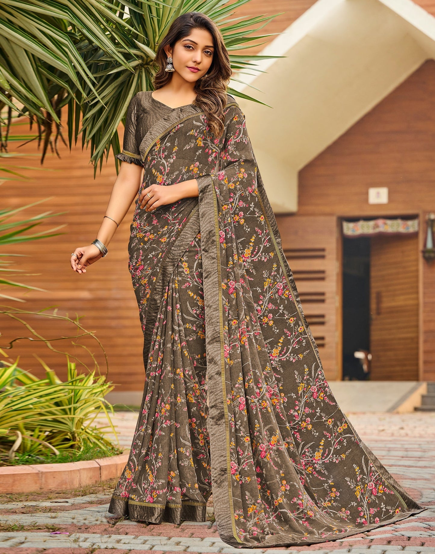 Brown Floral Printed Saree | Sudathi