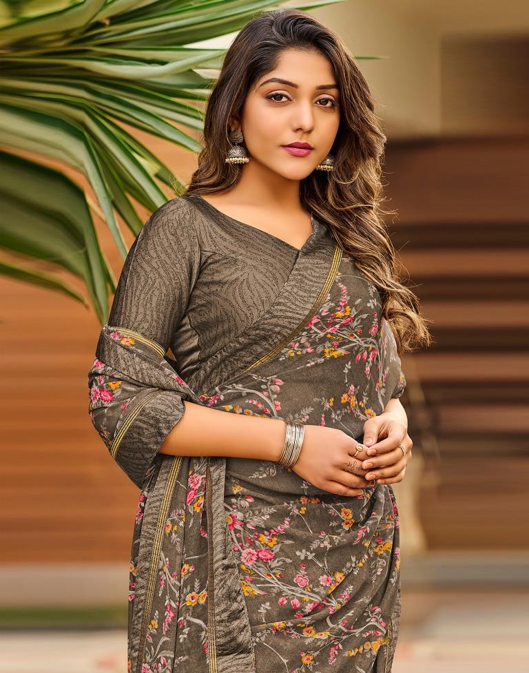 Brown Floral Printed Saree | Sudathi