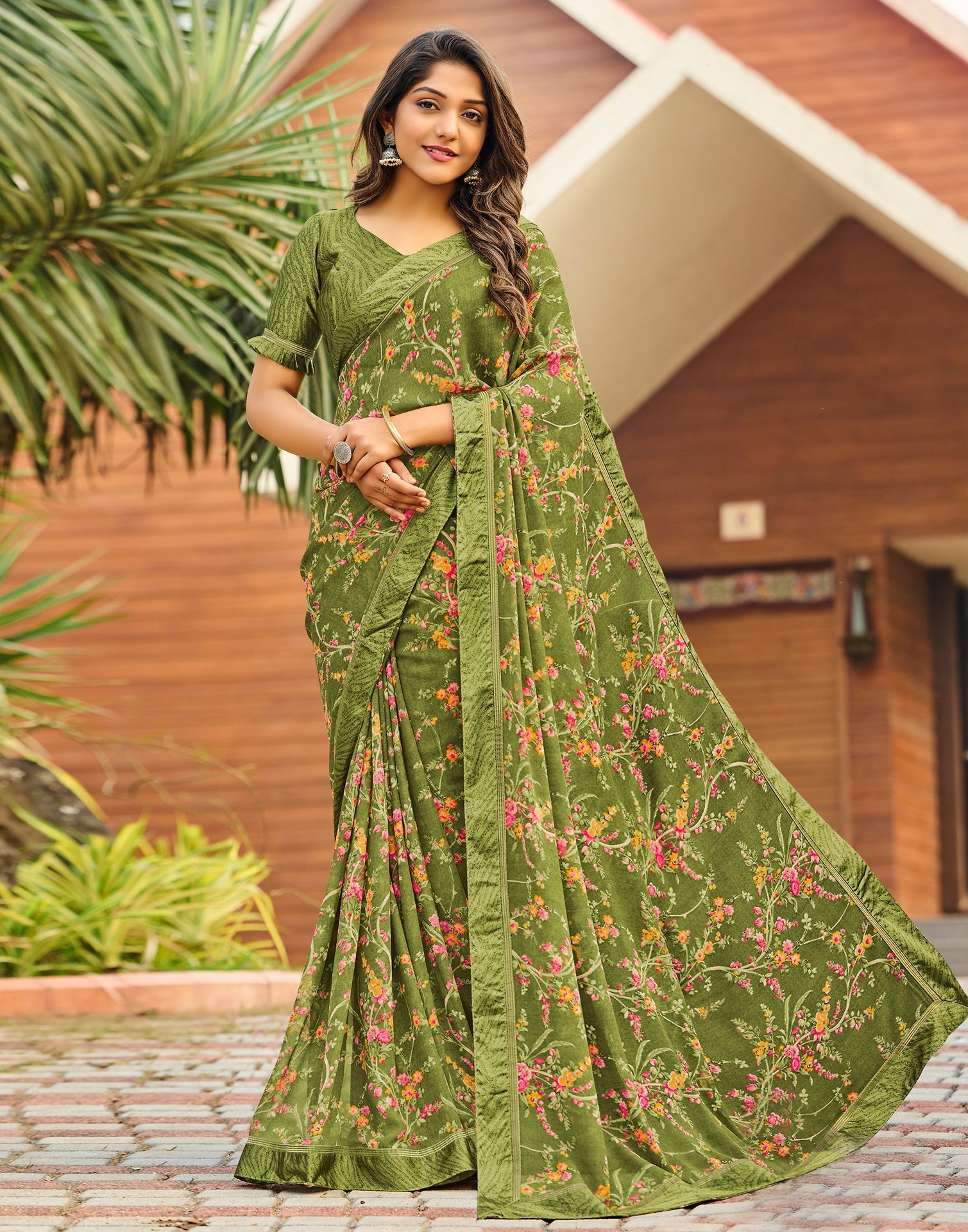 Olive Green Floral Printed Saree | Sudathi