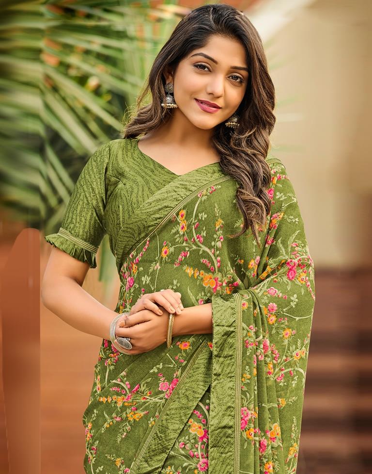 Olive Green Floral Printed Saree | Sudathi