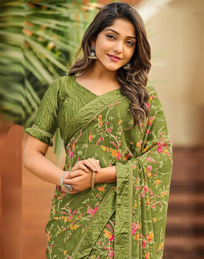 Olive Green Floral Printed Saree | Sudathi