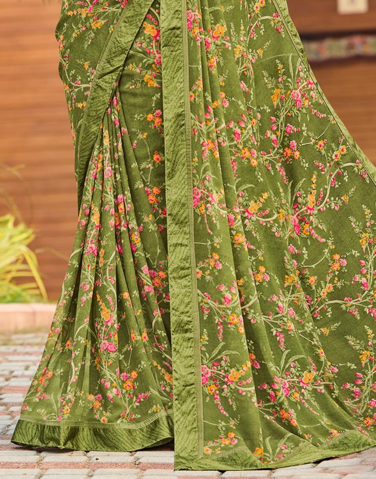 Olive Green Floral Printed Saree | Sudathi