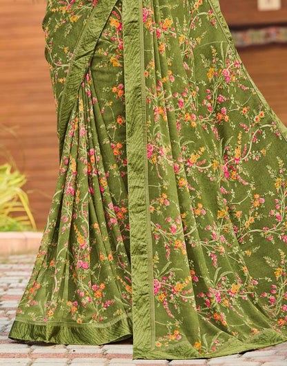 Olive Green Floral Printed Saree | Sudathi