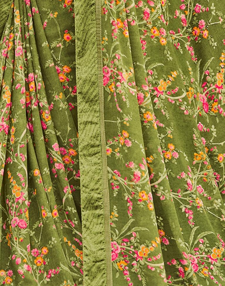 Olive Green Floral Printed Saree | Sudathi