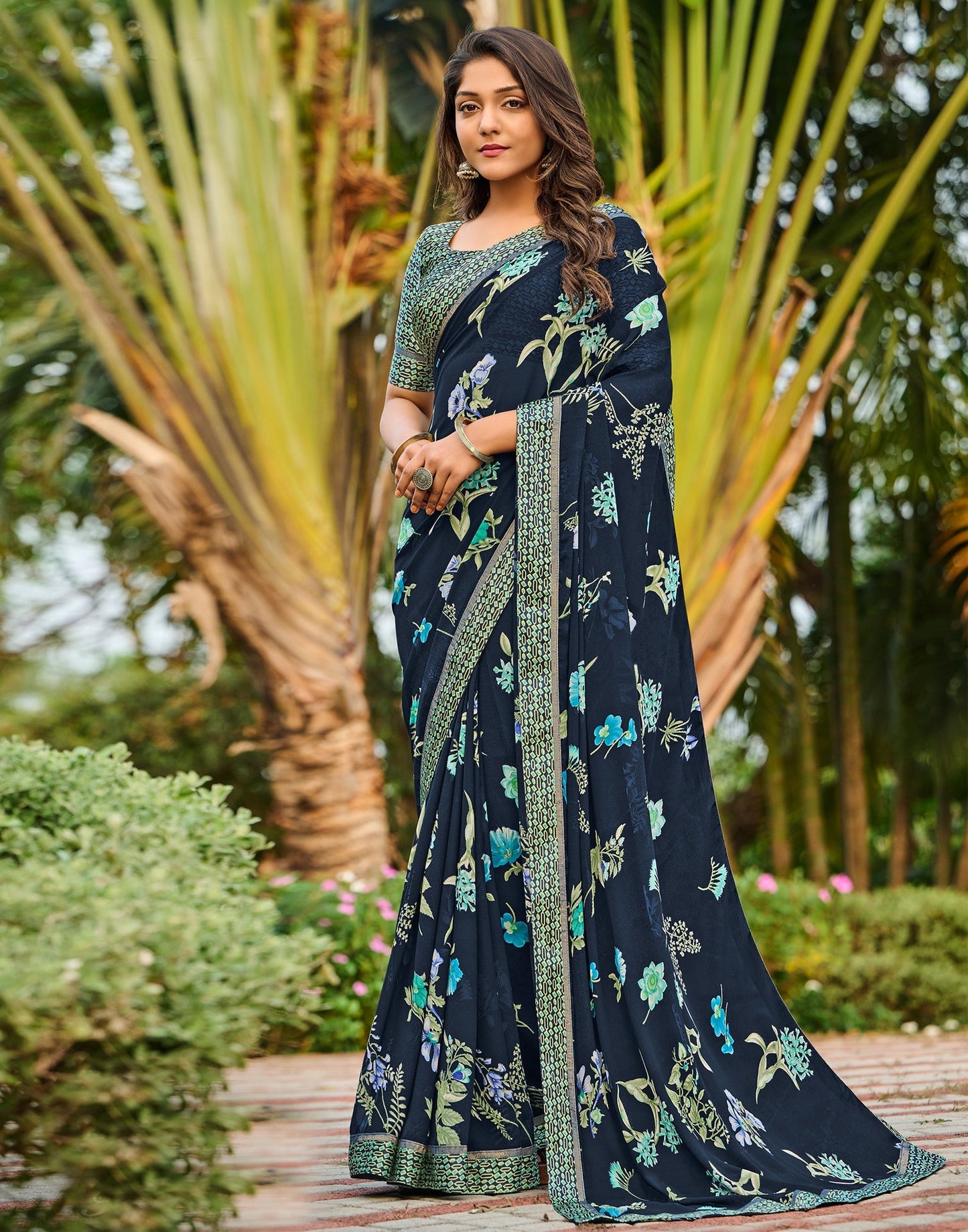 Navy Blue Floral Printed Saree | Sudathi