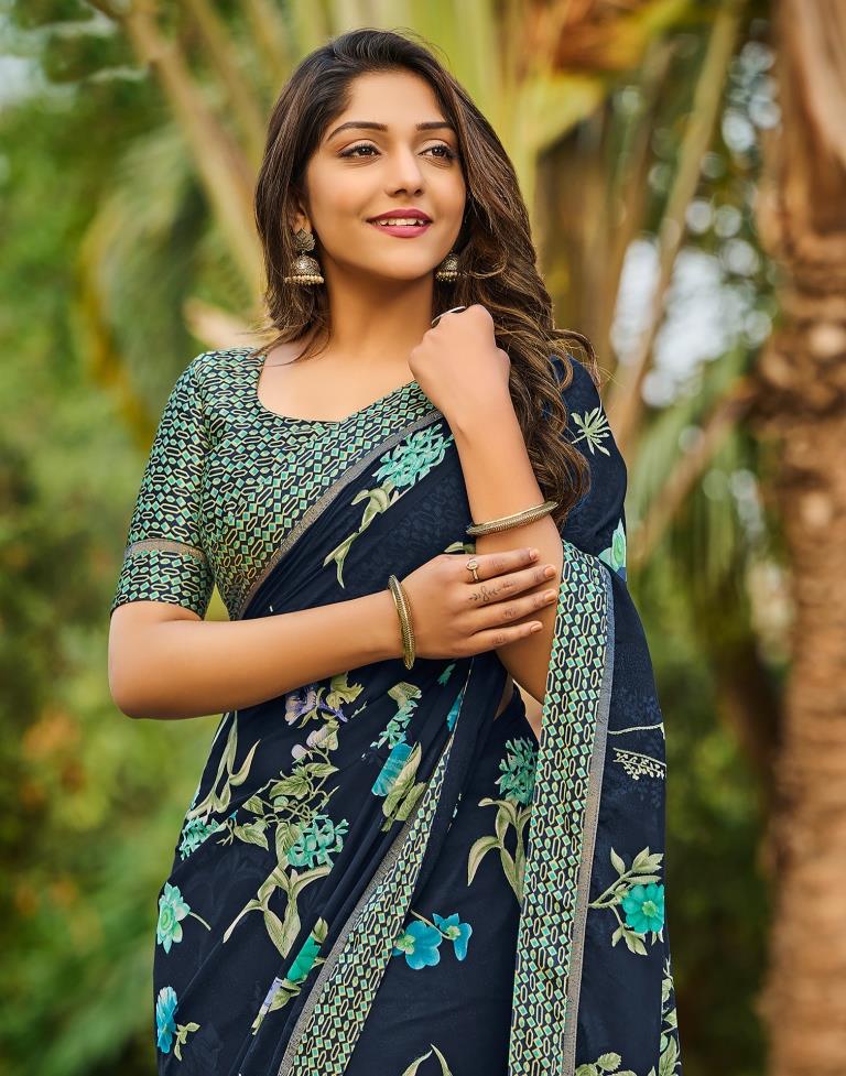Navy Blue Floral Printed Saree | Sudathi