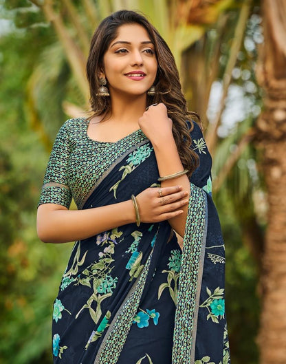 Navy Blue Floral Printed Saree | Sudathi