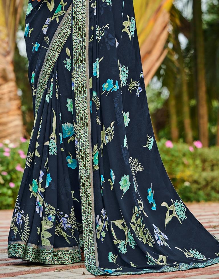 Navy Blue Floral Printed Saree | Sudathi