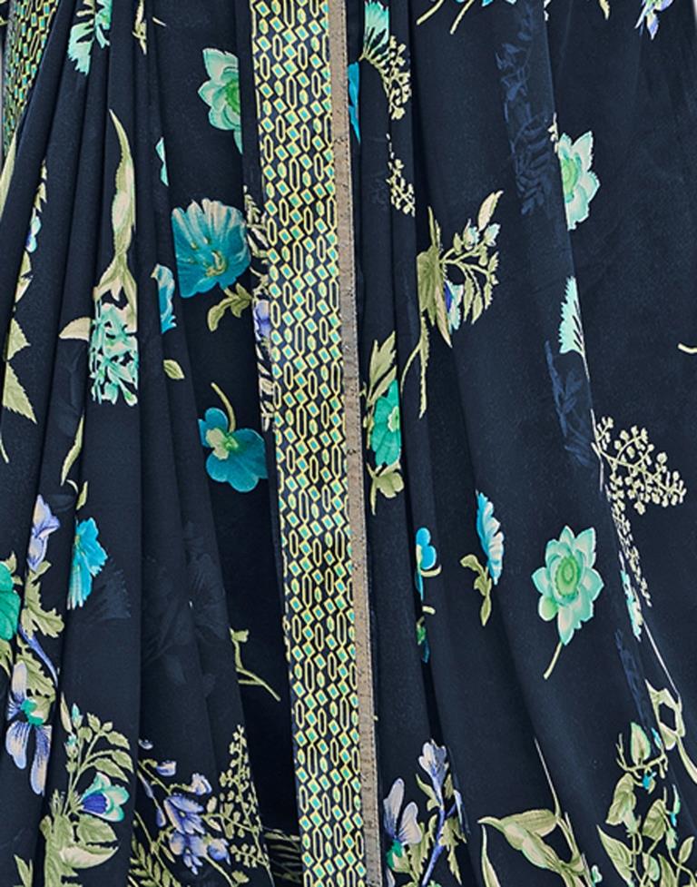 Navy Blue Floral Printed Saree | Sudathi
