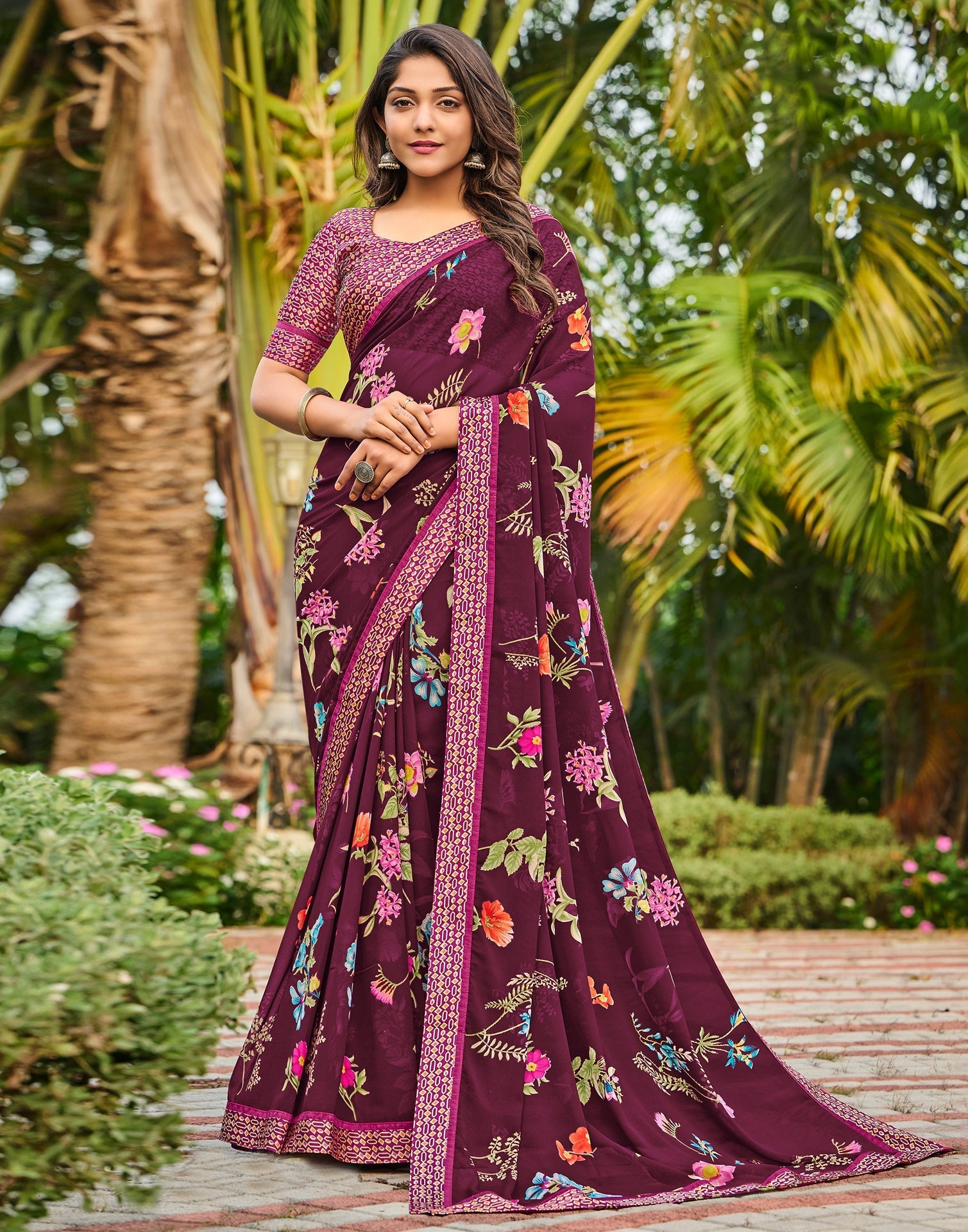 Wine Floral Printed Saree | Sudathi