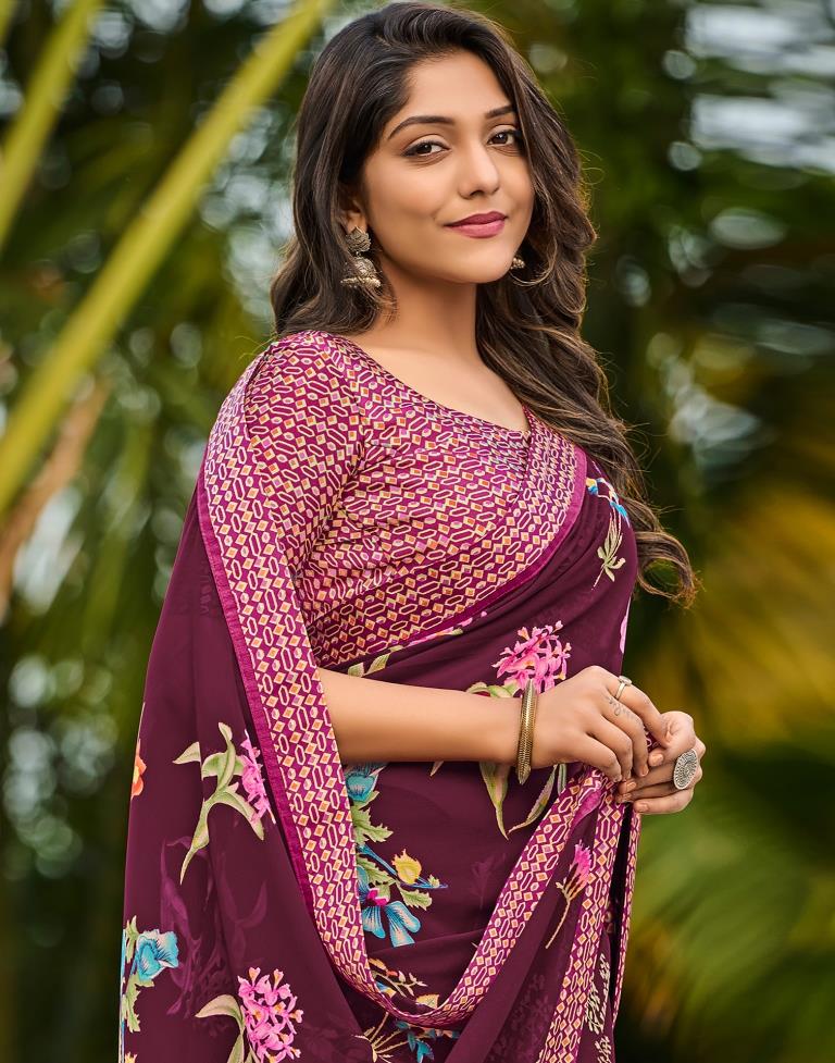 Wine Floral Printed Saree | Sudathi