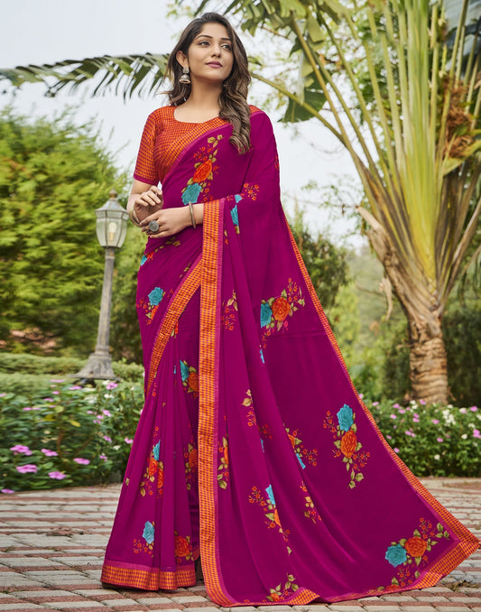 Hot Pink Floral Printed Saree | Sudathi