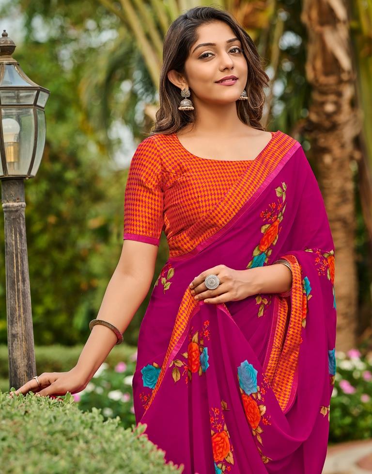 Hot Pink Floral Printed Saree | Sudathi