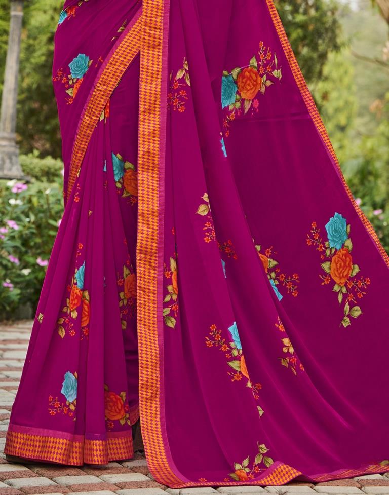 Hot Pink Floral Printed Saree | Sudathi
