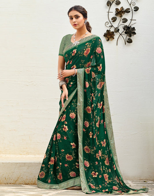Dark Green Floral Printed Saree | Sudathi