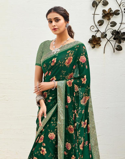 Dark Green Floral Printed Saree | Sudathi