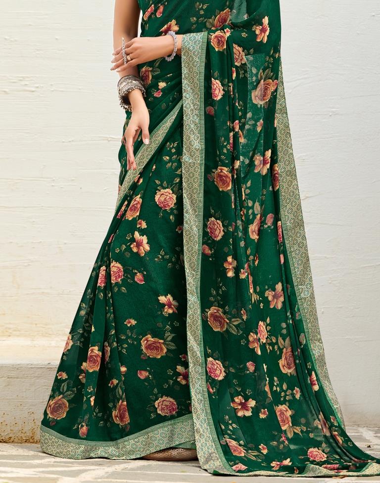Dark Green Floral Printed Saree | Sudathi
