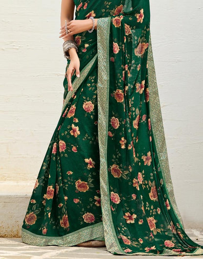 Dark Green Floral Printed Saree | Sudathi