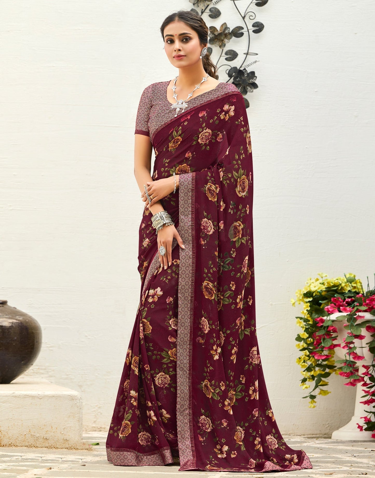 Maroon Floral Printed Saree | Sudathi