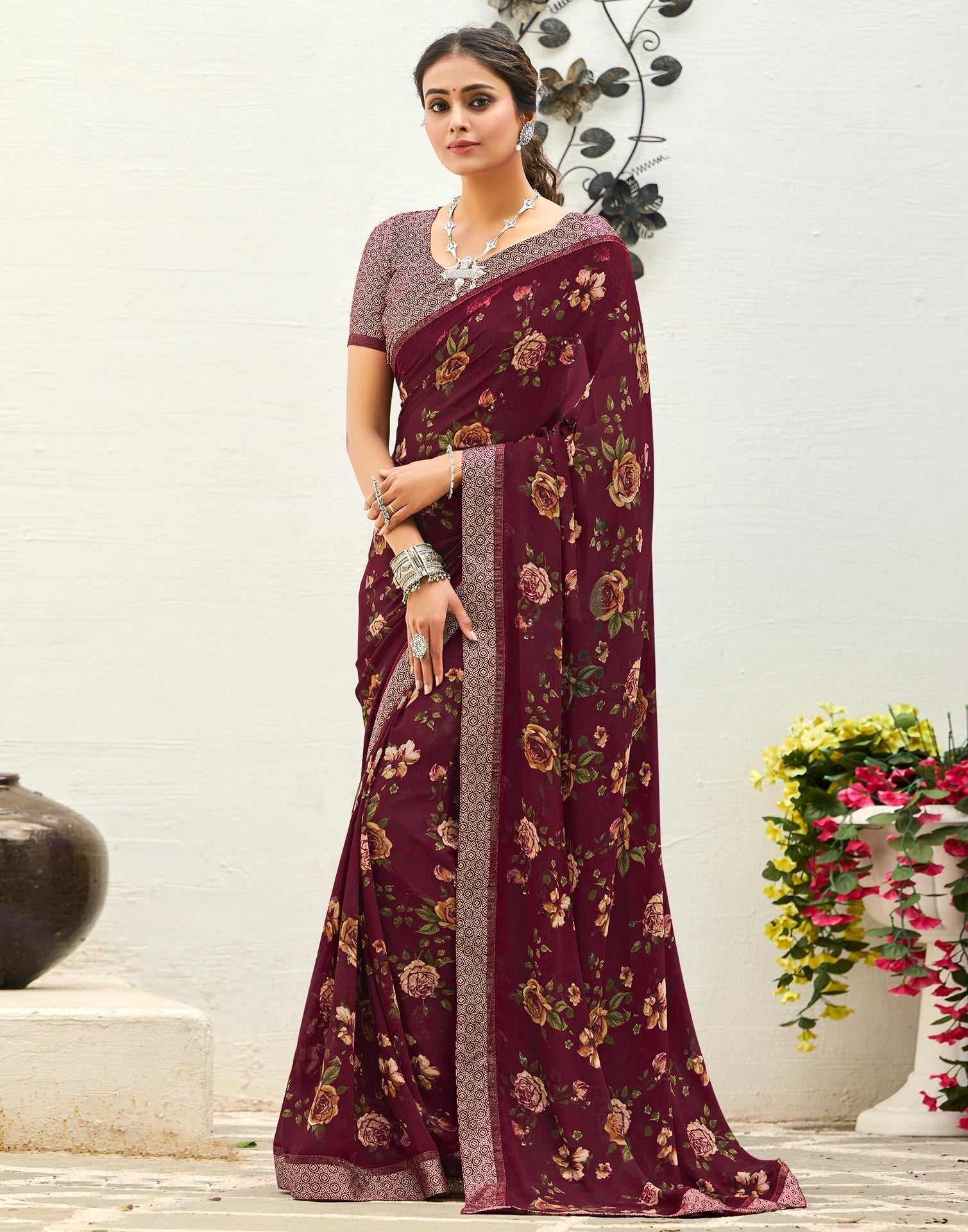 Maroon Floral Printed Saree | Sudathi
