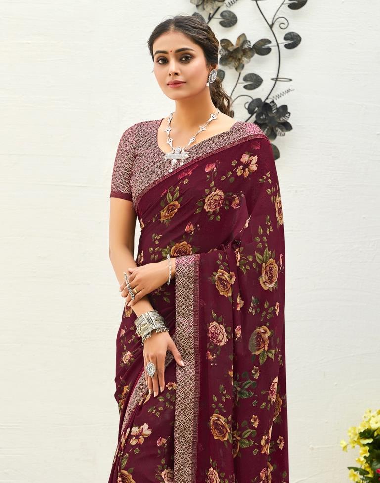Maroon Floral Printed Saree | Sudathi