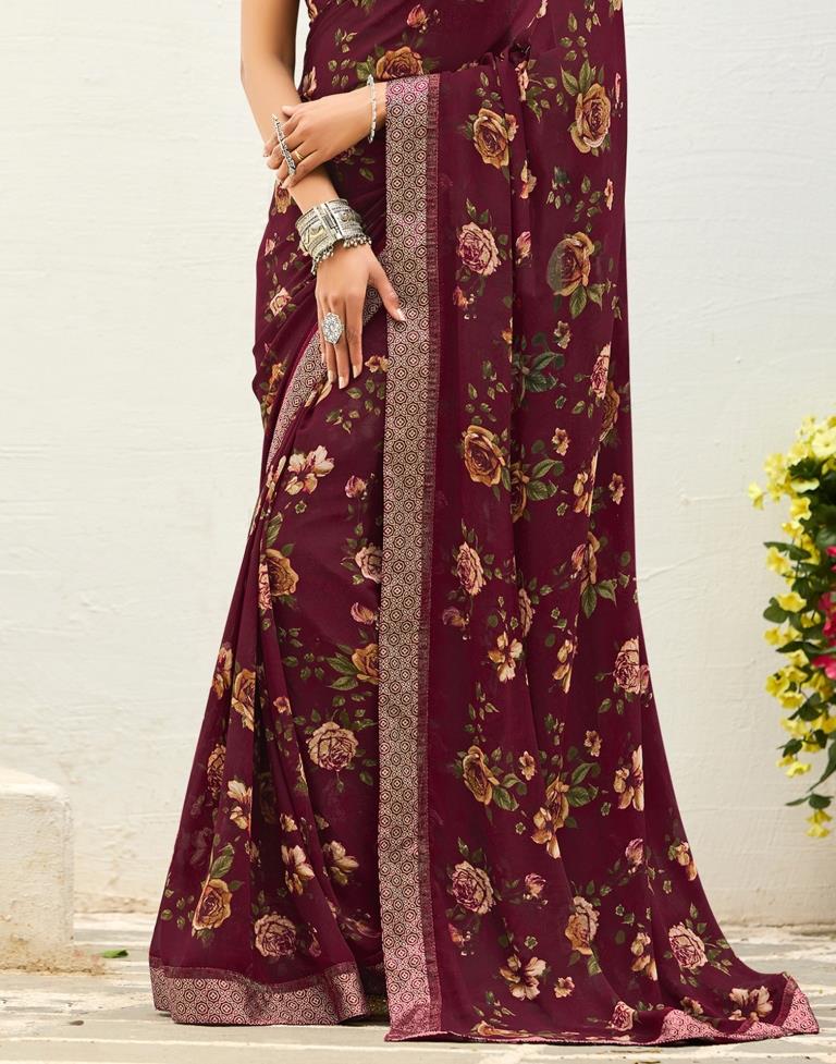 Maroon Floral Printed Saree | Sudathi