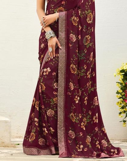 Maroon Floral Printed Saree | Sudathi