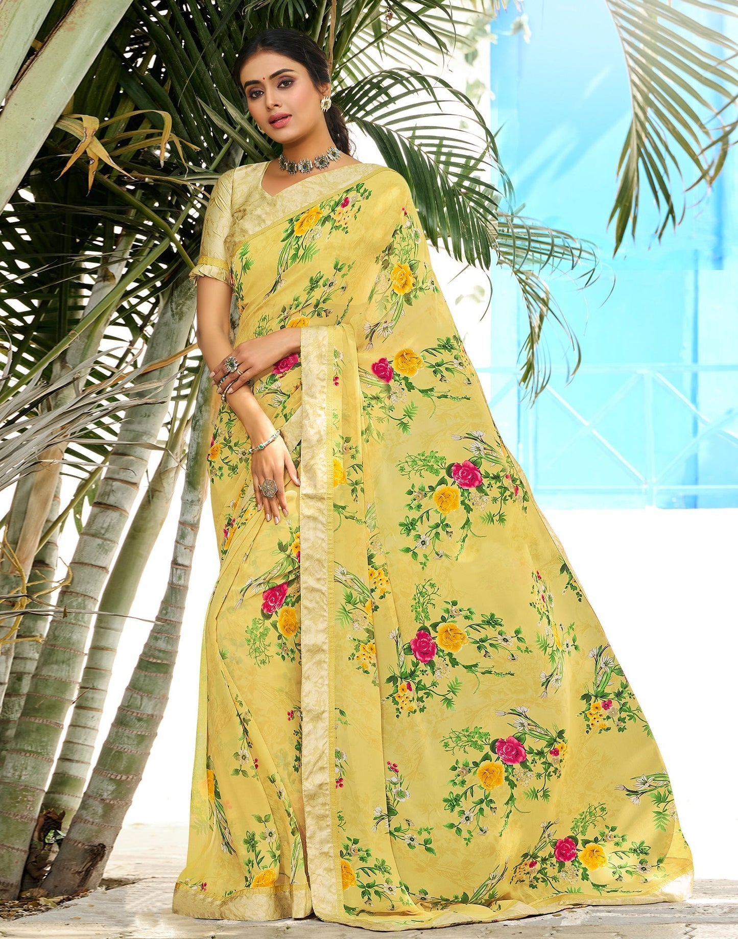Light Yellow Floral Printed Saree | Sudathi