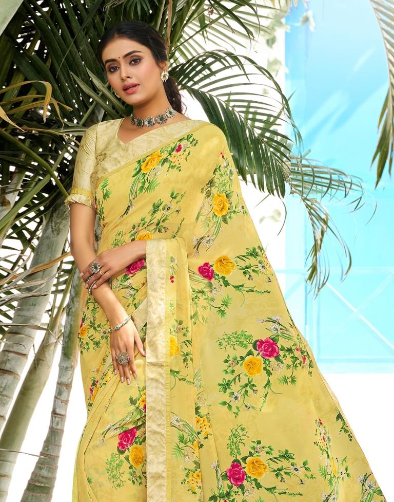 Light Yellow Floral Printed Saree | Sudathi