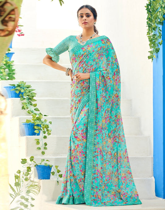 Aqua Blue Floral Printed Saree | Sudathi