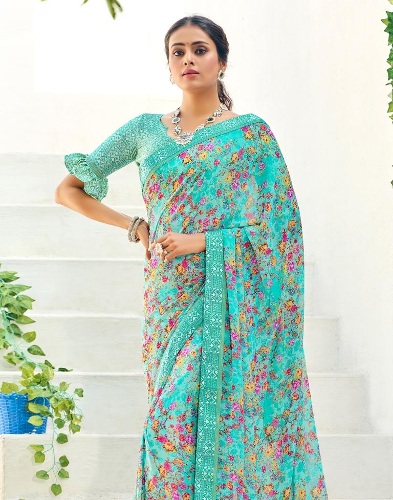 Aqua Blue Floral Printed Saree | Sudathi