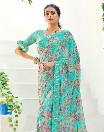Aqua Blue Floral Printed Saree | Sudathi