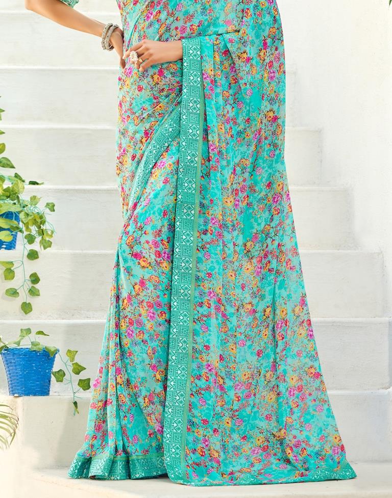 Aqua Blue Floral Printed Saree | Sudathi