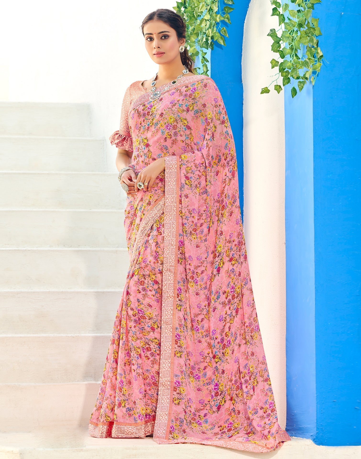 Light Pink Floral Printed Saree | Sudathi