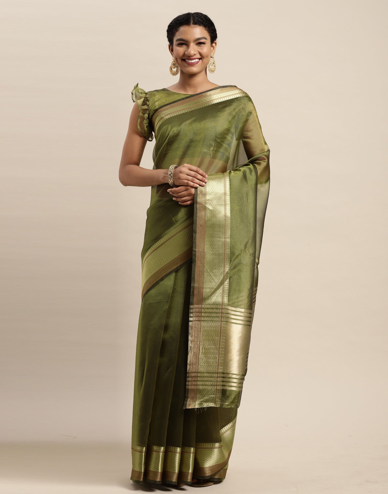 Olive Green Organza Saree | Sudathi
