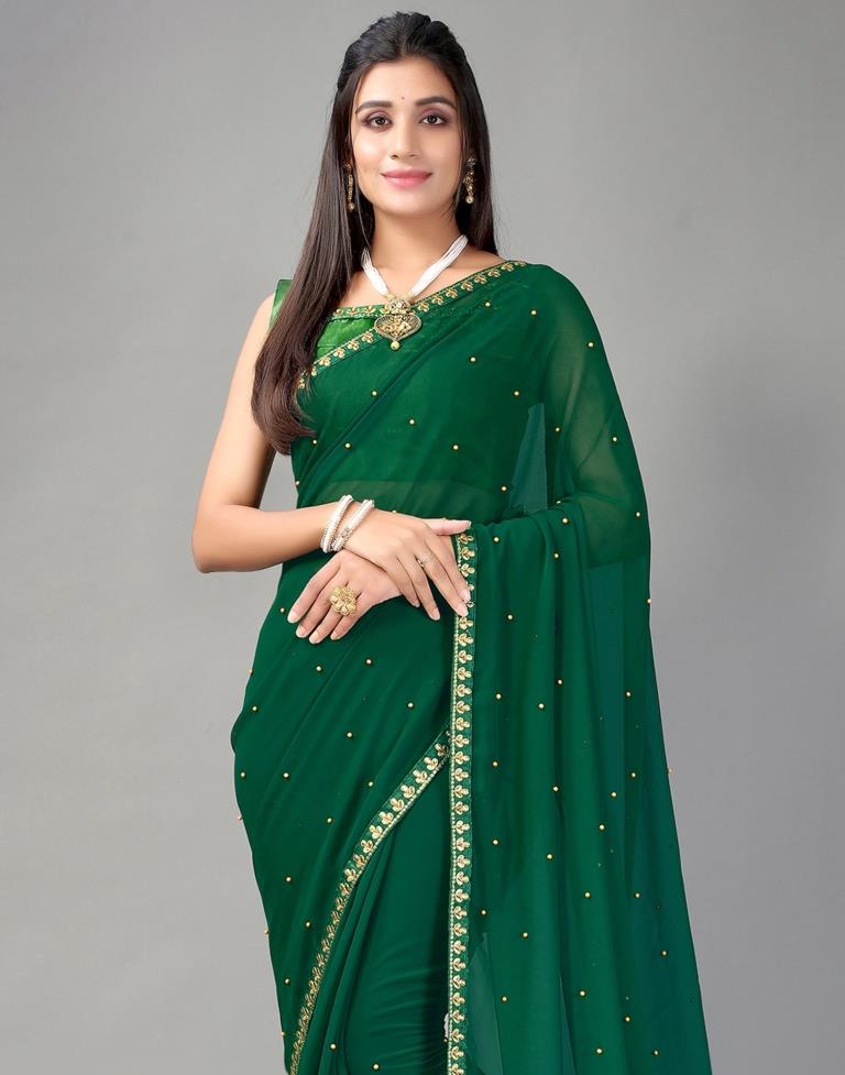 Bottle Green Plain Georgette Saree