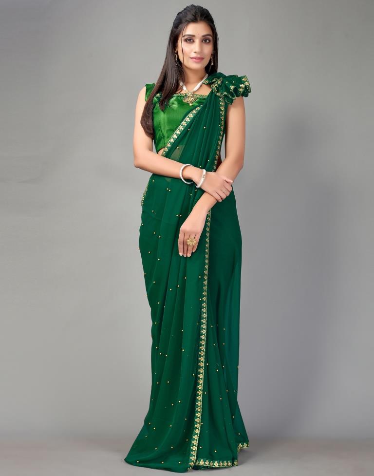 Bottle Green Plain Georgette Saree