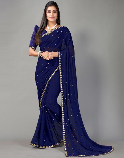 Navy Blue Plain Georgette Saree