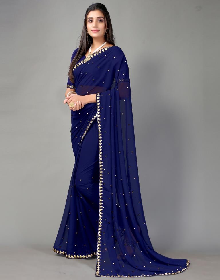 Navy Blue Plain Georgette Saree