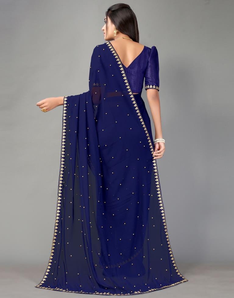 Navy Blue Plain Georgette Saree