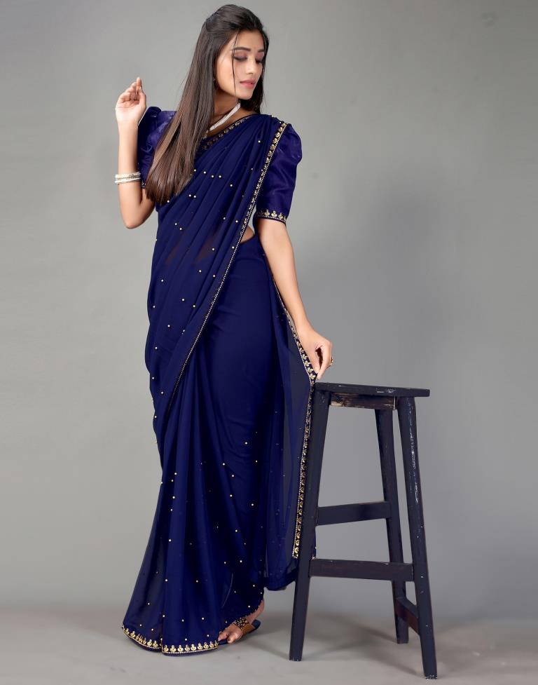 Navy Blue Plain Georgette Saree