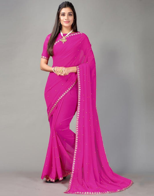 Pink Plain Georgette Saree