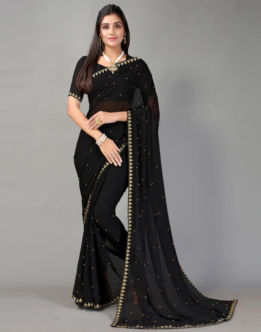 Black Plain Georgette Saree