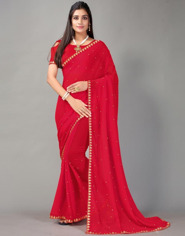Red Plain Georgette Saree
