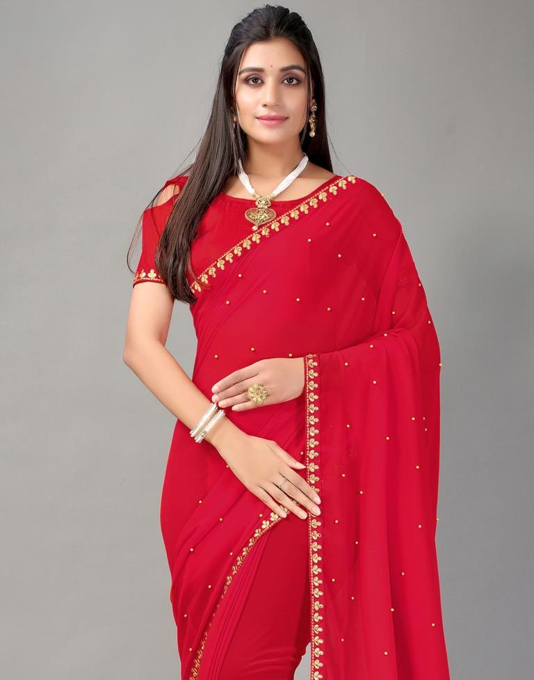 Red Plain Georgette Saree