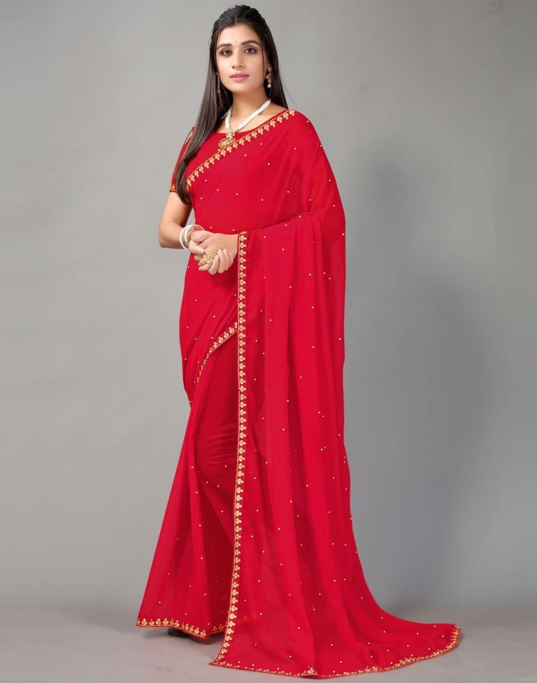 Red Plain Georgette Saree