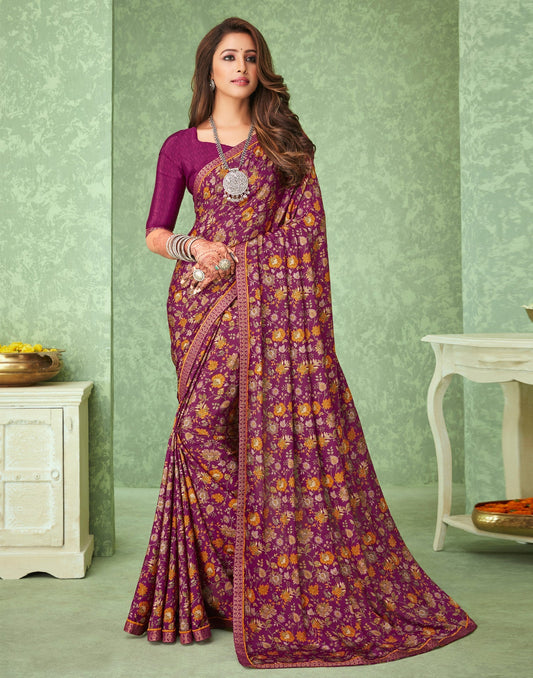 Wine Floral Printed Silk Saree | Sudathi