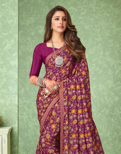 Wine Floral Printed Silk Saree | Sudathi