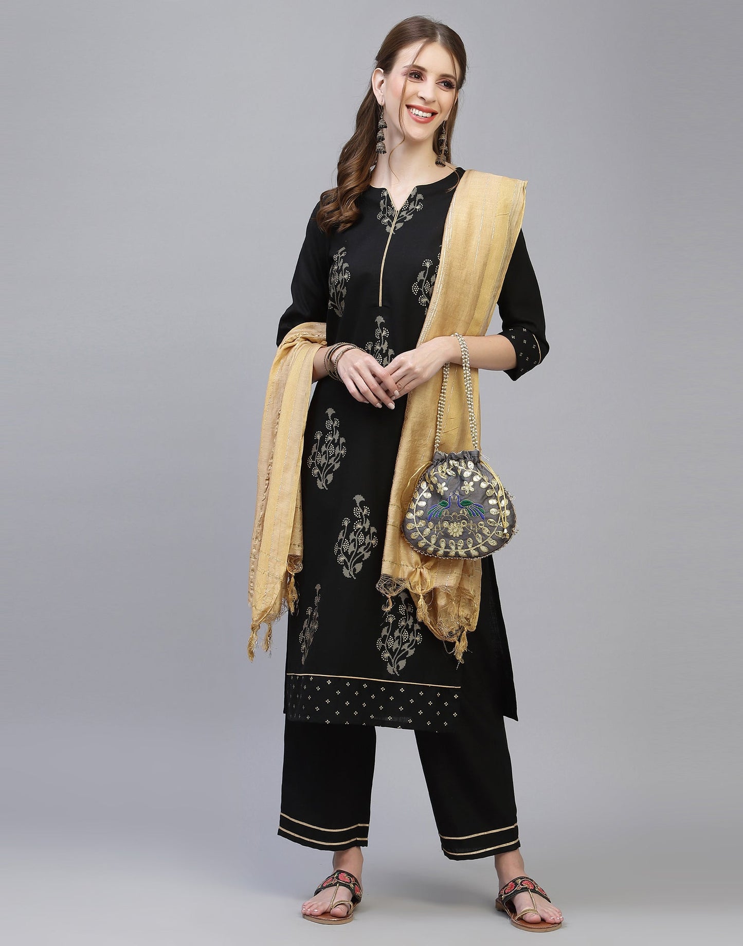 Black Kurti With Pant And Dupatta | Leemboodi